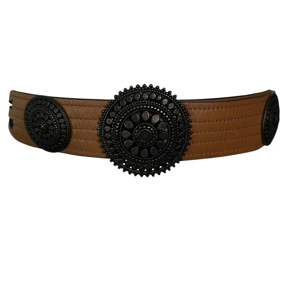 Chico's‎ Brown Leather Medallion Statement Belt Bronze Ornate Boho Wide NEW